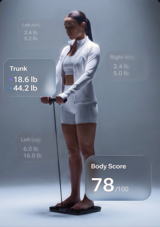Athlete on the scale with trunk readings and body score