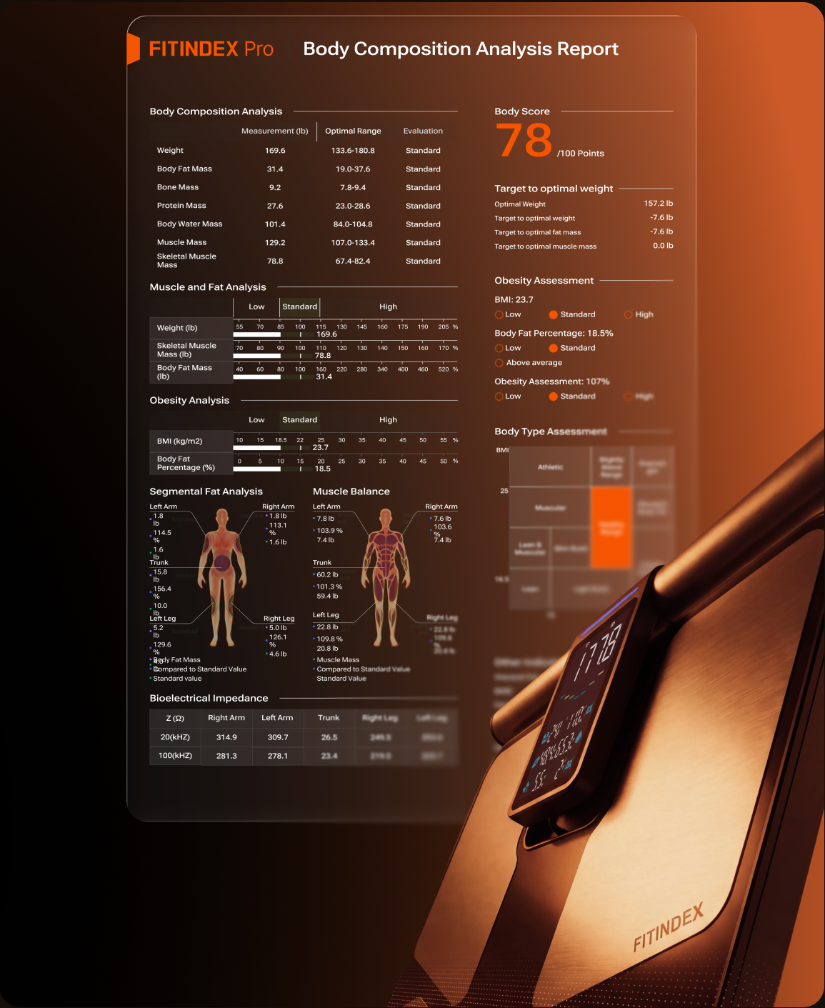 FITINDEX Pro body composition analysis report beside the Umbra X handle display