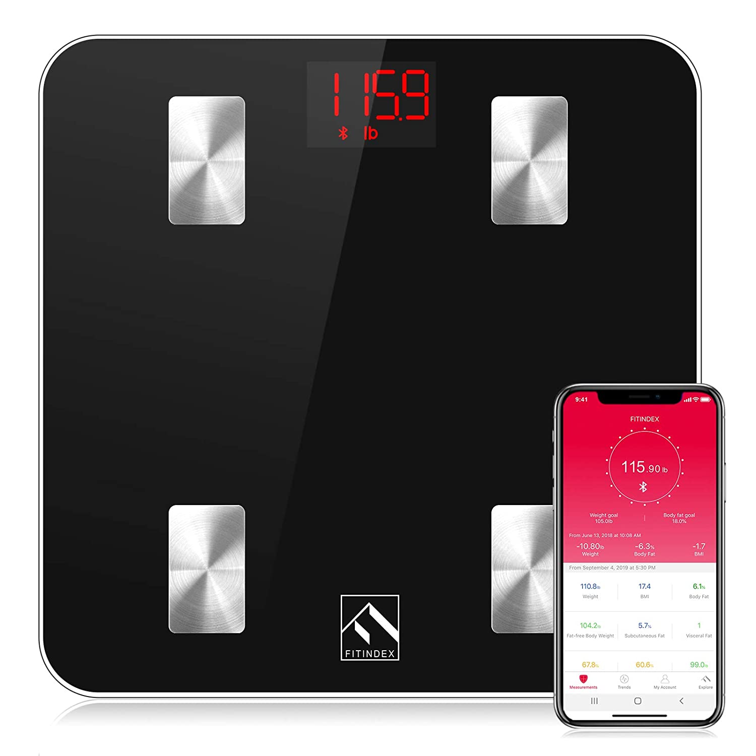 FITINDEX Smart Body Fat Scale and Tape Measure, Digital Bathroom Scale for Body  Weight and Fat & Measuring Tape for Body with APP, Bluetooth BMI Weighing  Machine, Body Composition Analyzer for People