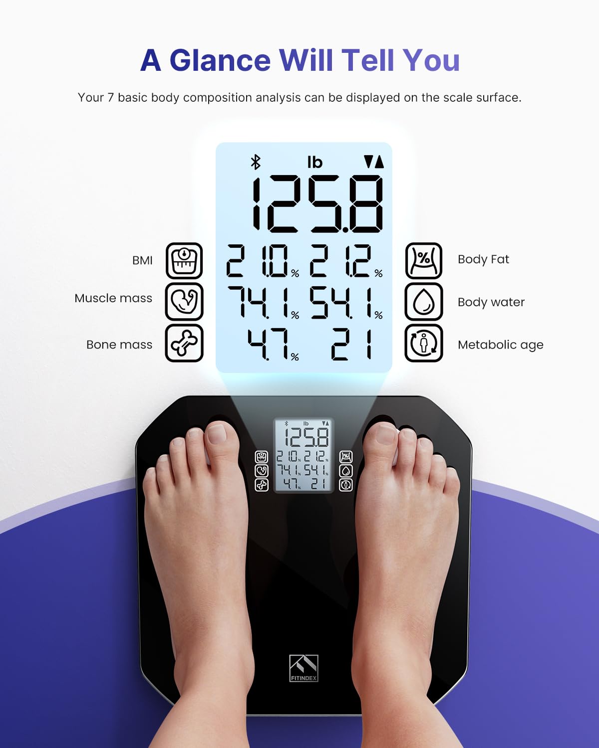FITINDEX Bluetooth Body Fat Scale Smart Wireless BMI Bathroom Weight Scale  Body Composition Monitor Health Analyzer with Smartphone App for Body  Weight Fat Water BMI BMR Muscle Mass - Black