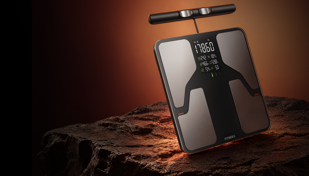 Fitindex Umbra Y smart scale with handle resting on a warm-lit rock